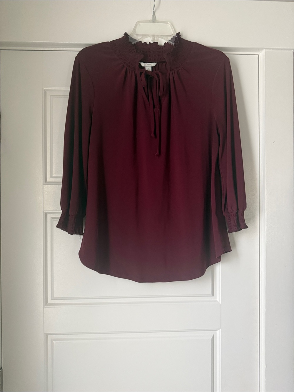 Cato Burgundy Tie-Neck Smocked Blouse